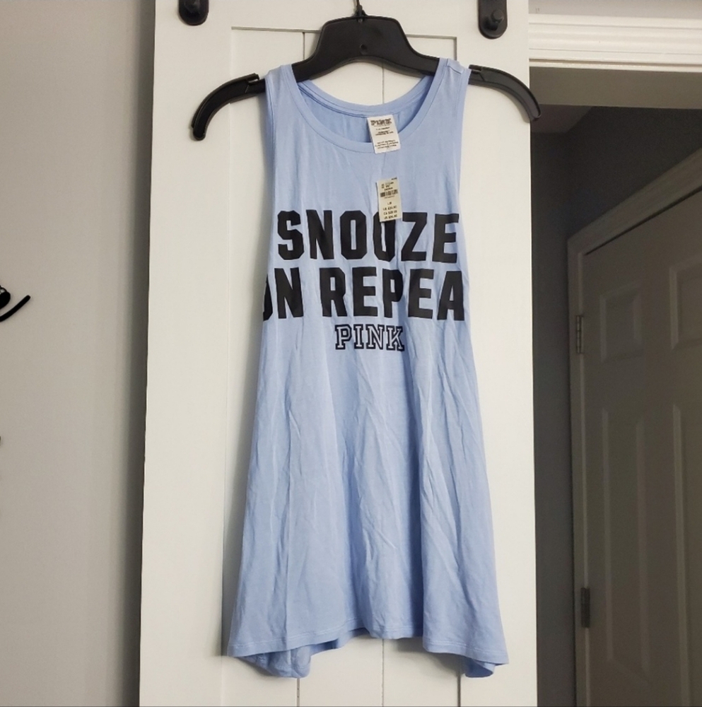 PINK Light Blue Tank Top! LOGO: Snooze on Repeat. NEW!